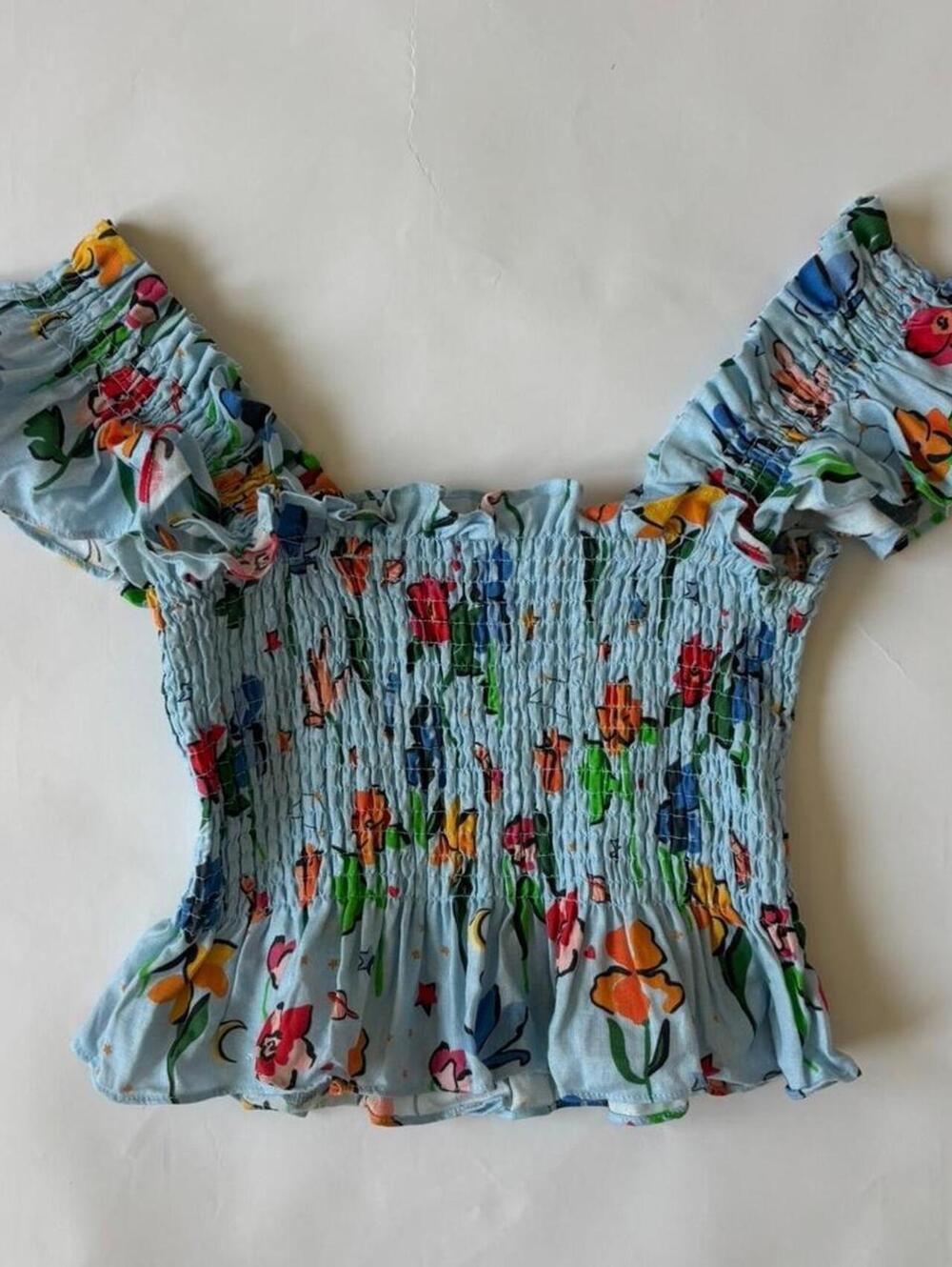 HILL HOUSE BLUE FLORAL LINEN SMOCKED RUFFLE CROP TOP XS